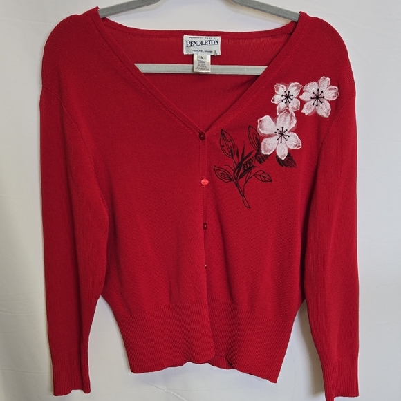 Pendleton Sweaters - Pendleton Floral Cardigan With Embroidery and Beading, Red, Retro Granny, Medium